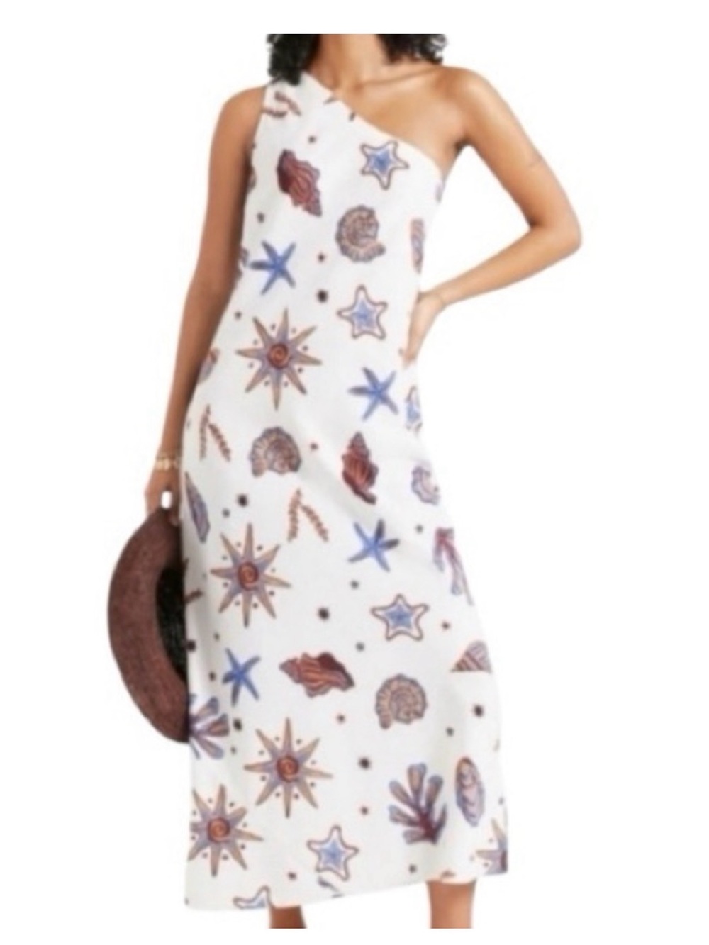C&C California White One-Shoulder Maxi Dress with Blue and Brown Nautical Motifs